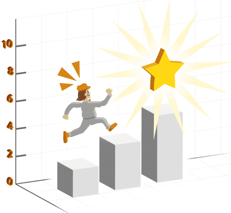 Vinter Borge, markedsfører, hopper opp et stolpediagram for å nå en stjerne på toppen, mario-style. Illustrasjon.