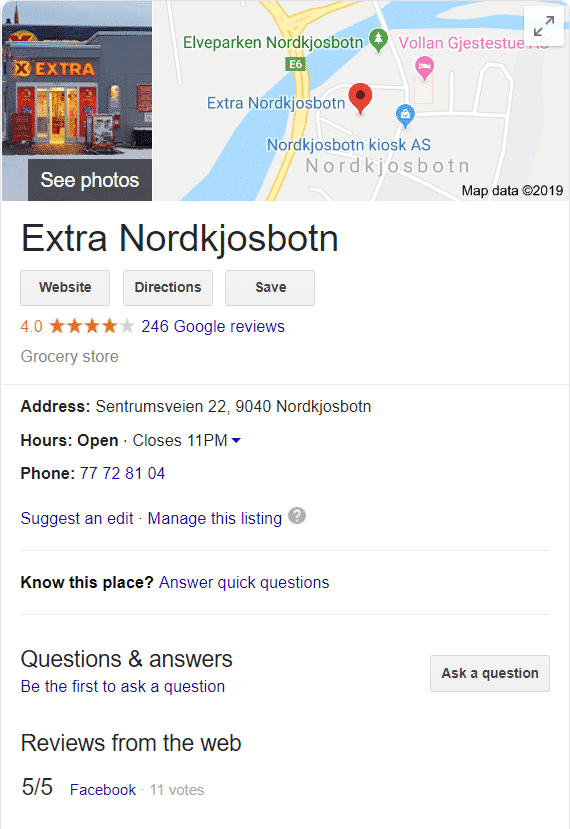 Hvordan en Google Min Bedrift-oppføring ser ut i søkeresultatene. Skjermdump.